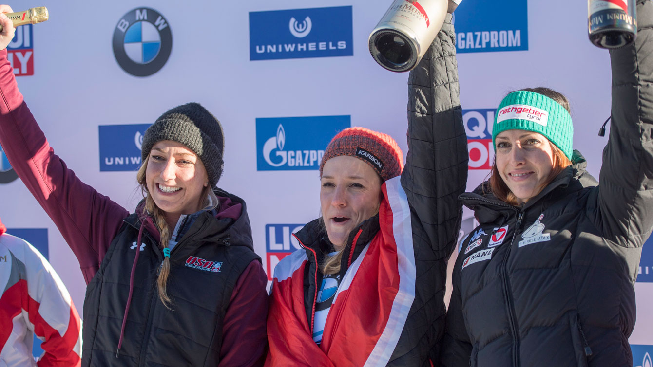 Mirela Rahneva celebrates her first World Cup victory in St. Moritz, Switzerland, on Friday, Jan. 20, 2017. (Urs Flueeler/Keystone via AP)