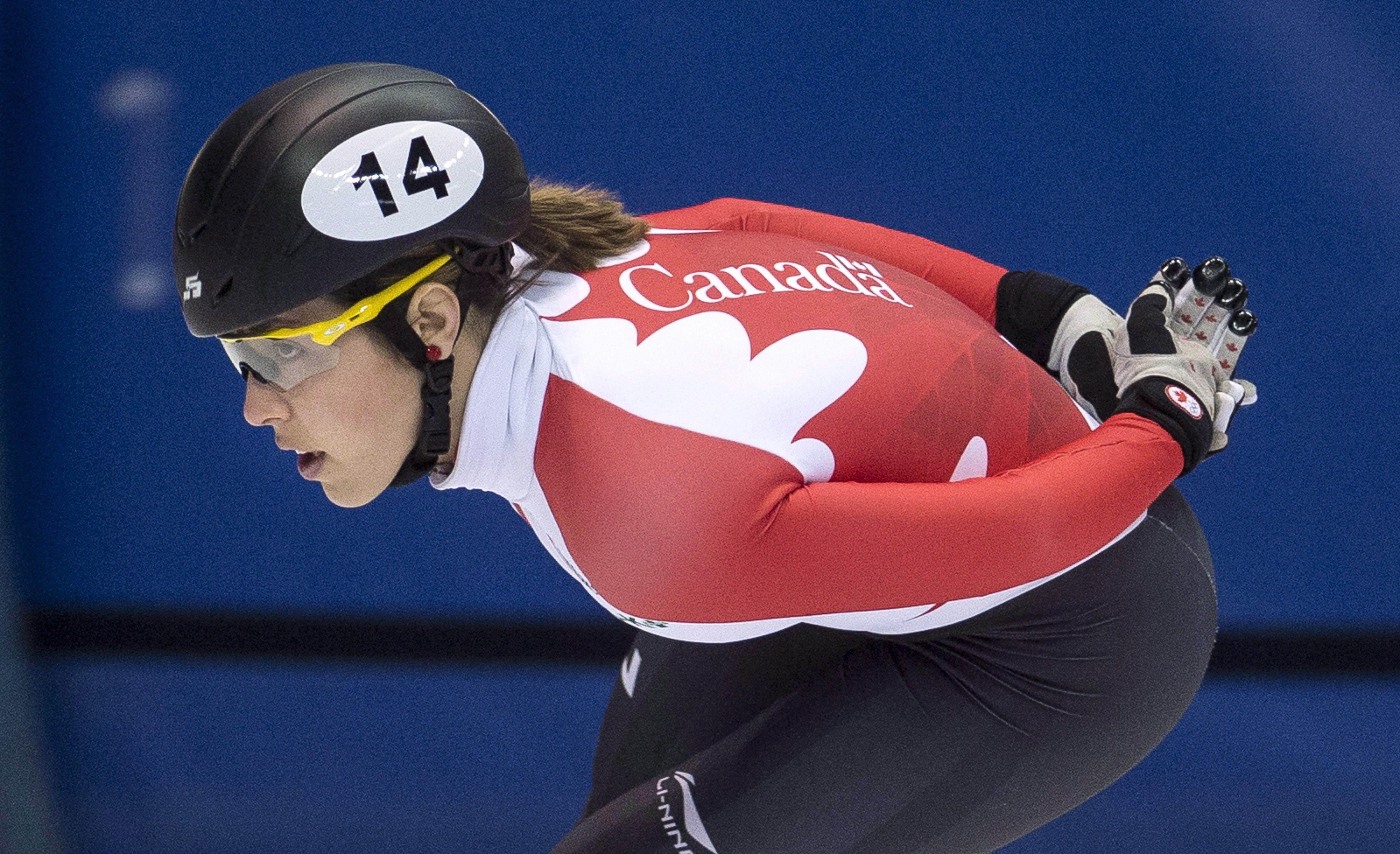 Valerie Maltais rounds the track during a short track speed skating practice Wednesday, January 11, 2017 in Montreal. THE CANADIAN PRESS/Paul Chiasson
