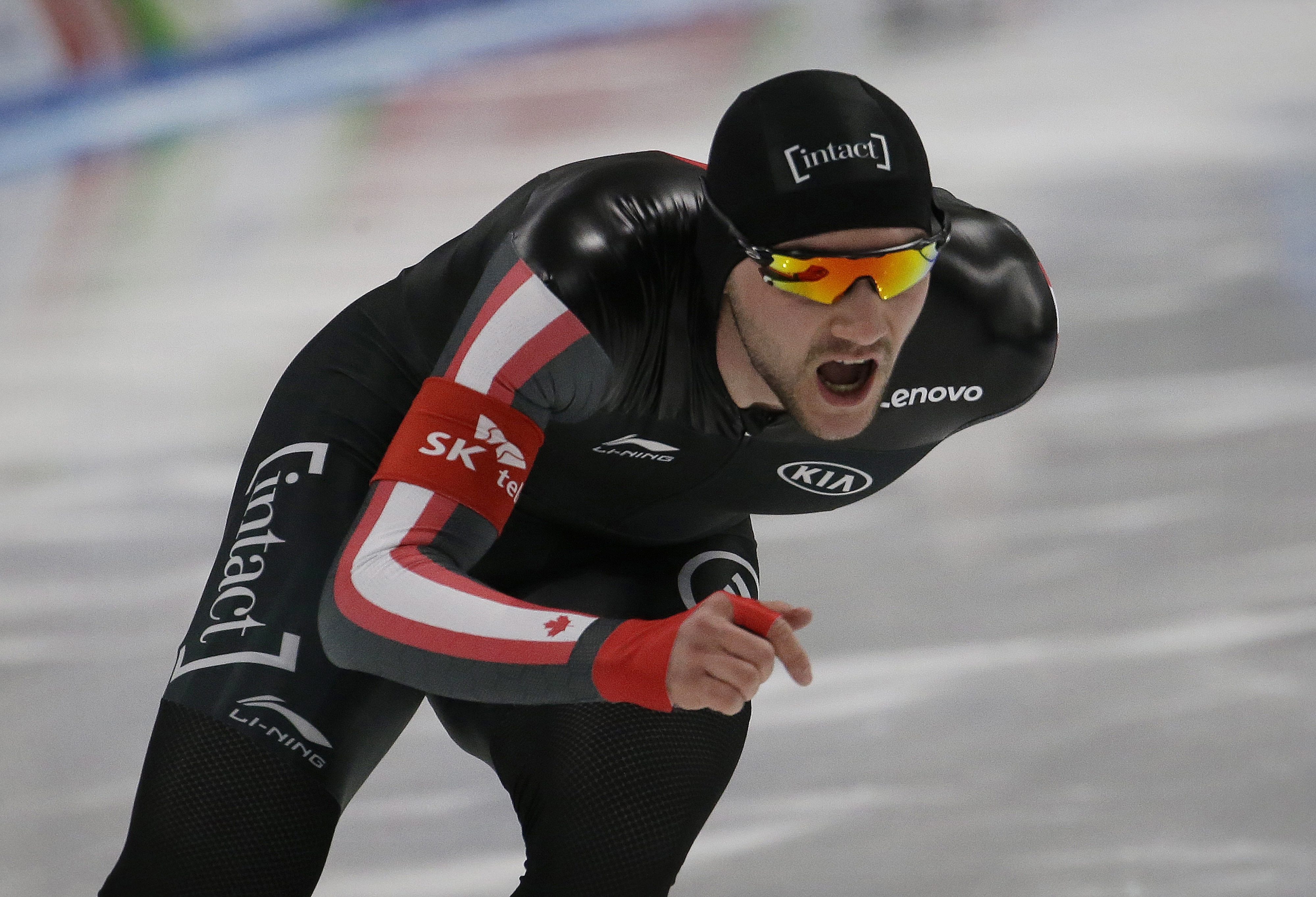 Second placed Vincent De Haitre of Canada competes during the men's 1000 meter race of the ISU world single distances speed skating championships at Gangneung Oval in Gangneung, South Korea, Saturday, Feb. 11, 2017. The world cup competition is also a test event for the upcoming Pyeongchang 2018 Winter Olympics. (AP Photo/Ahn Young-joon)