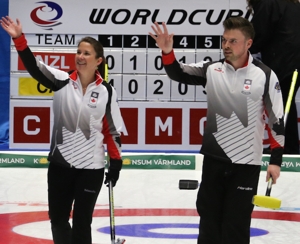 Marliese Kasner, left, and Dustin Kalthoff are the first qualifiers for the 2018 Canadian Mixed Doubles Olympic Trials after representing Canada at the 2016 World Mixed Doubles Championship. (Photo, World Curling Federation/Richard Gray)