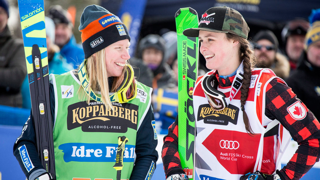 Marielle Thompson and Sandra Naslund from Sweden after finishing 1-2 in ski cross at the World Cup in Idre, Sweden, on Feb. 12, 2017