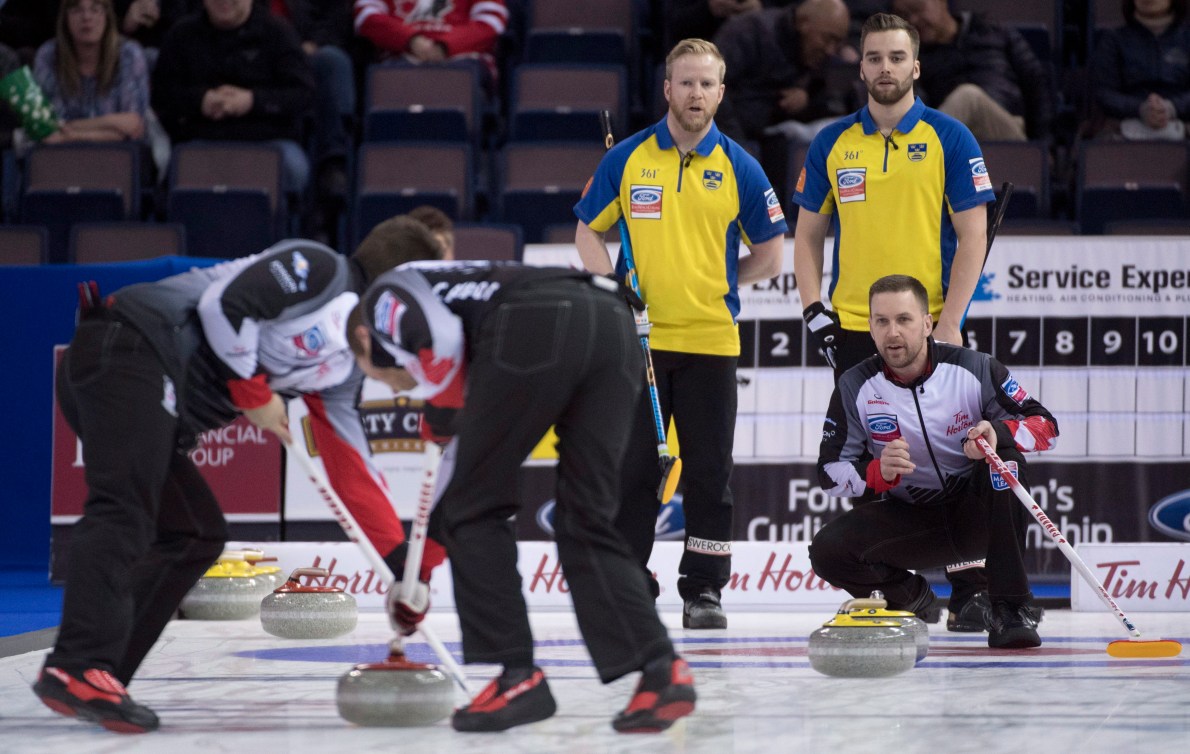 Brad Gushue calls the line while Niklas Edin watches 