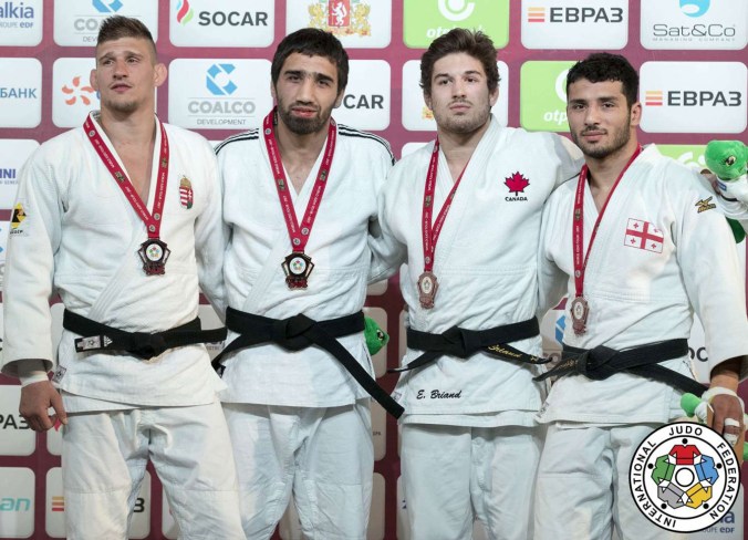 Etienne Briand (second from right) after winning his first IJF Grand Slam bronze in Ekaterinburg, Russia on May 21, 2017 (Photo: IJF).