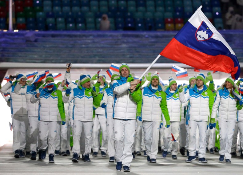 Tomaz Razingar of Slovenia carries the national flag as he leads the team during the opening ceremony of the 2014 Olympic Winter Games in Sochi, Russia, Friday, Feb. 7, 2014. (AP Photo/Mark Humphrey)