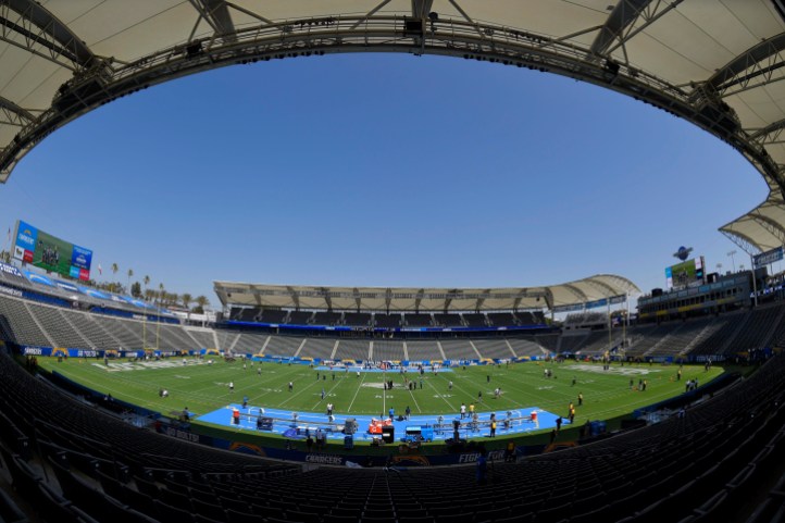 Seahawks Chargers Football Players for the Seattle Seahawks and the Los Angeles Chargers walk on the field before a preseason NFL football game at the StubHub Center, Sunday, Aug. 13, 2017, in Carson, Calif. (AP Photo/Mark J. Terrill)