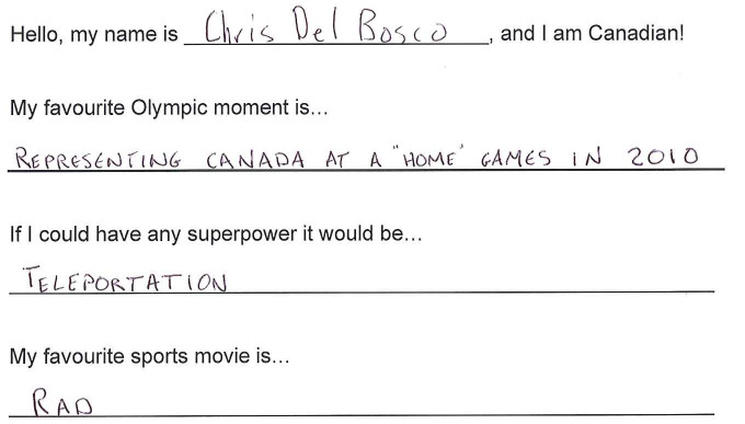 Team Canada - Chris Del Bosco hi my name is response 1