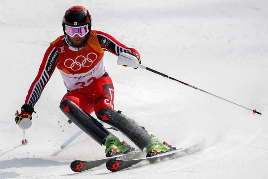 Phil Brown, of Canada, skis during the final run of the men's slalom at the 2018 Winter Olympics in Pyeongchang, South Korea, Thursday, Feb. 22, 2018. (AP Photo/Patrick Semansky)
