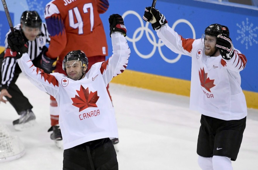 OLY HKO Canada Czech Republic 20180224 SATURDAY OLYMPIC REPEATS Canada forward Wojciech Wolski (8) celebrates his goal with teammate Quinton Howden (16) during third period men's hockey bronze medal game action against Czech Republic at the 2018 Olympic Winter Games, in Pyeongchang, South Korea, on Saturday, February 24, 2018. THE CANADIAN PRESS/Nathan Denette