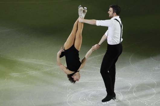 Meagan Duhamel and Eric Radford of Canada perform during the figure skating exhibition gala in the Gangneung Ice Arena at the 2018 Winter Olympics in Gangneung, South Korea, Sunday, Feb. 25, 2018. (AP Photo/Felipe Dana)