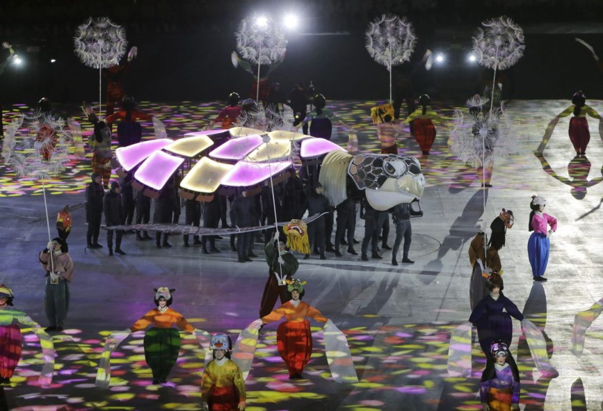 Pyeongchang Olympics Closing Ceremony Performers act out a scene during the closing ceremony of the 2018 Winter Olympics in Pyeongchang, South Korea, Sunday, Feb. 25, 2018. (AP Photo/Michael Probst)