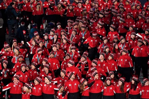 Pyeongchang Olympics Closing Ceremony Canadian athletes enter the stadium during the closing ceremonies at the 2018 Pyeongchang Olympic Winter Games in Pyeongchang, South Korea, while drones design the Games' mascot in the sky on Sunday, February 25, 2018. THE CANADIAN PRESS/Paul Chiasson