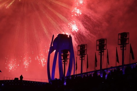 Fireworks explode over the extinguished Olympic cauldron during the closing ceremony of the 2018 Winter Olympics in Pyeongchang, South Korea, Sunday, Feb. 25, 2018. (AP Photo/Michael Probst)