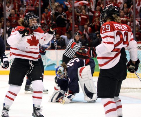 Meghan Agosta, Marie-Philip Poulin, Jessie Vetter Meghan Agosta celebrates with Marie-Philip Poulin