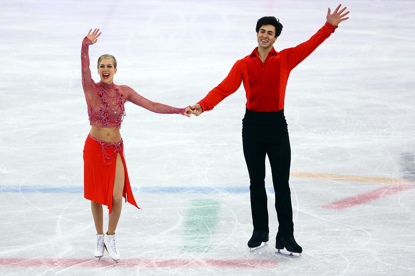 Team Canada's Kaitlyn Weaver and Andrew Poje skate in the ice dance short program at PyeongChang 2018, Monday, February 19, 2018. COC Photo by Vaughn Ridley