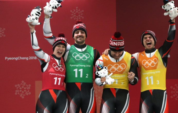DAJ_1953 Team Canada Luge Relay team wins Silver at the Alpensia Sliding Centre during the Winter Olympic Games, in Pyeongchang, South Korea, Thursday, February 15, 2018. Photo/David Jackson