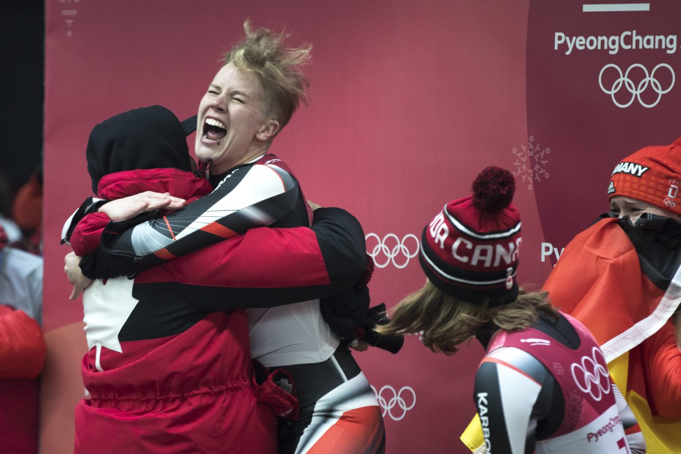 Alex Gough celebrates winning Bronze in Ladies Singles at PyeongChang 2018. Photo/David Jackson