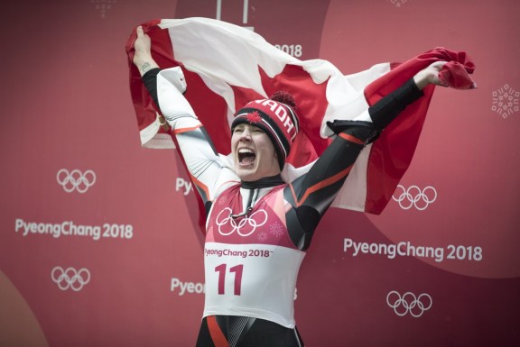 Team Canada's Alex Gough celebrates winning Bronze in Ladies Single Luge