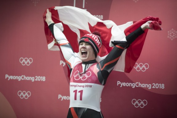 DAJ_20180213_TEAMCANADA_0011664 Team Canada's Alex Gough celebrates winning Bronze in Ladies Single Luge