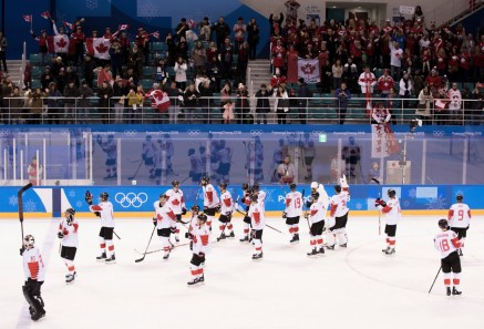 Team Canada Acknowledges the fans following their 5-1 win over Switzerland during preliminary hockey action at the PyeongChang 2018 Olympic Winter Games in Korea, Thursday, February 15, 2018. THE CANADIAN PRESS/HO - COC – Jason Ransom