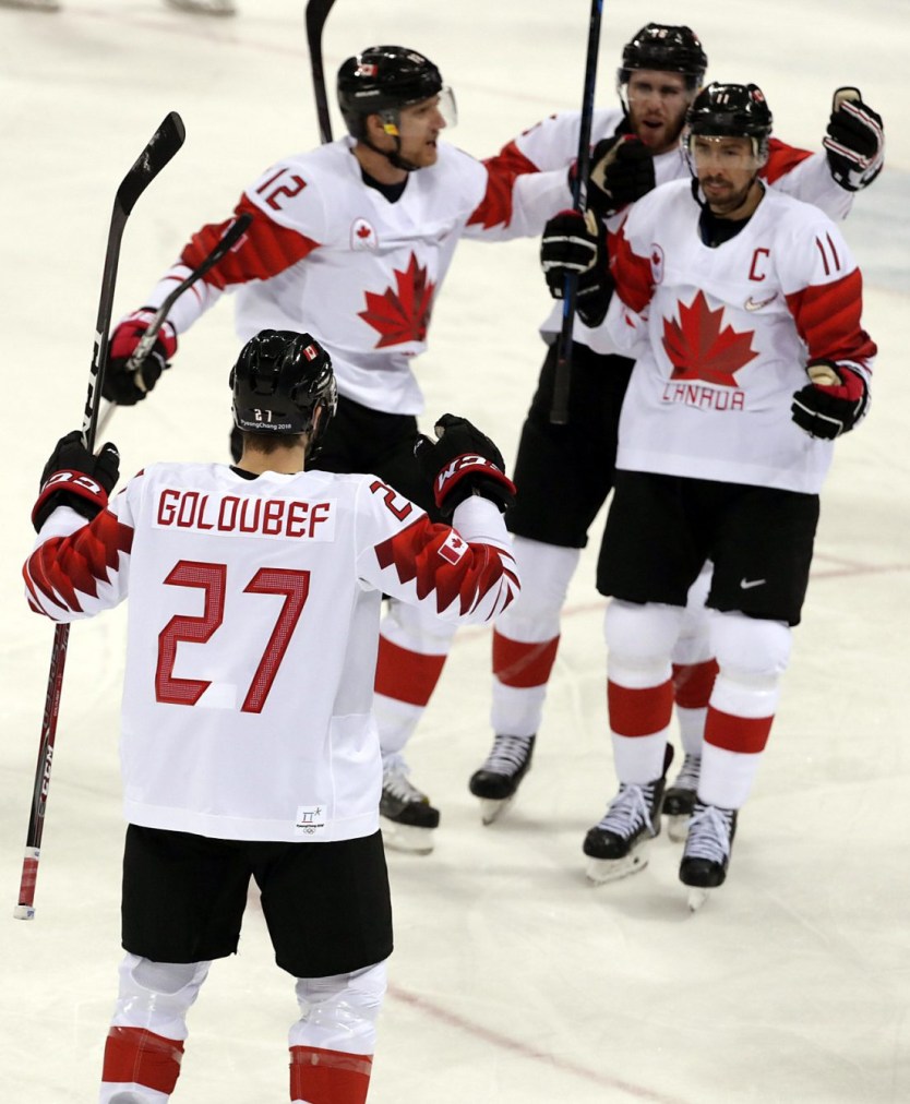 Chris Kelly of Canada celebrates a goal with teammates in the Men's Bronze Medal hockey game against the Czech Republic at the Gangneung Hockey Centre during the PyeongChang 2018 Olympic Winter Games in PyeongChang, South Korea on February 24, 2018. (Photo by Vaughn Ridley/COC)