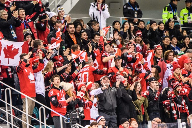Canada Fans celebrate the 2nd goal of Canada during the Men's Ice Hockey Preliminary Round Group A game between Olympic Athletes from Czech Rebuplic and Canada at Gangneung Hockey Centre on February 17, 2018 in Gangneung, South Korea. (Photo by Vincent Ethier/COC)