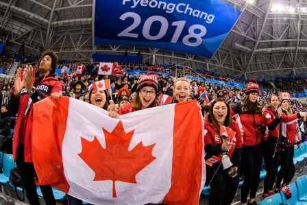 Canada Fans celebrate the 2nd goal of Canada during the Men's Ice Hockey Preliminary Round Group A game between Olympic Athletes from Czech Rebuplic and Canada at Gangneung Hockey Centre on February 17, 2018 in Gangneung, South Korea. (Photo by Vincent Ethier/COC)