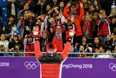 Samuel Girard Win gold during the Short Track Speed Skating Men's 1000m of the PyeongChang 2018 Winter Olympic Games at Gangneung Ice Arena on February 17, 2018 in Gangneung, South Korea (Photo by Vincent Ethier/COC)