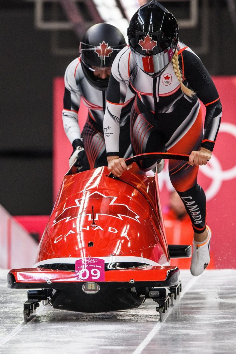 PYEONGCHANG, SOUTH KOREA - FEBRUARY 20: Alysia Rissling and Heather Moyse compete in the Bobsleigh - Women at the 2018 Pyeongchang Winter Olympics Olympic Sliding Centre in Alpensia in Pyeongchang in South Korea. February 20, 2018(Photo by Vincent Ethier/COC)