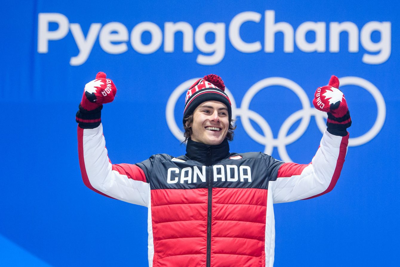 GANGNEUNG, SOUTH KOREA - FEBRUARY 24: Sébastien Toutant receives his Olympic gold medal, after finishing first in the Snowboard Big Air at the PyeongChang Olympic Plaza during the PyeonChang Olympic Winter Games in Gangneung, South Korea on February 24, 2018. (Photo by Vincent Ethier/COC)