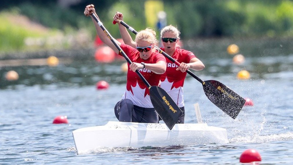 Team Canada's Laurence Vincent Lapointe and Katie Vincent paddle to gold and a world best time in the women's C-2 500m at the ICF Canoe Sprint World Cup in Duisburg, Germany