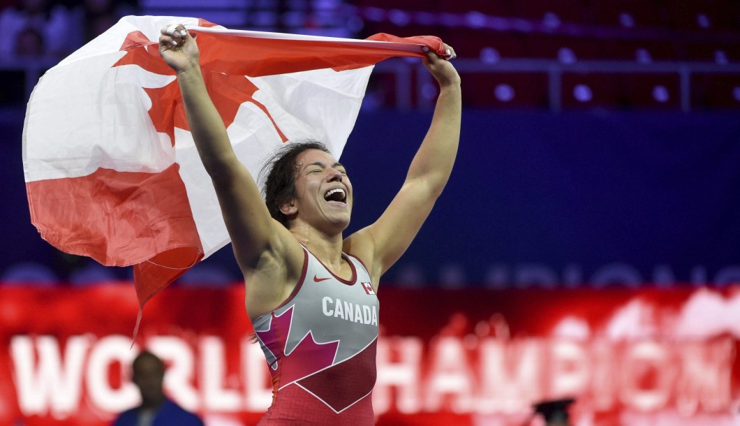 Justina Di Stasio of Canada reacts after winning