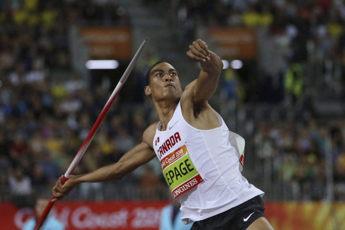 Pierce LePage competes in the men's decathlon javelin throw