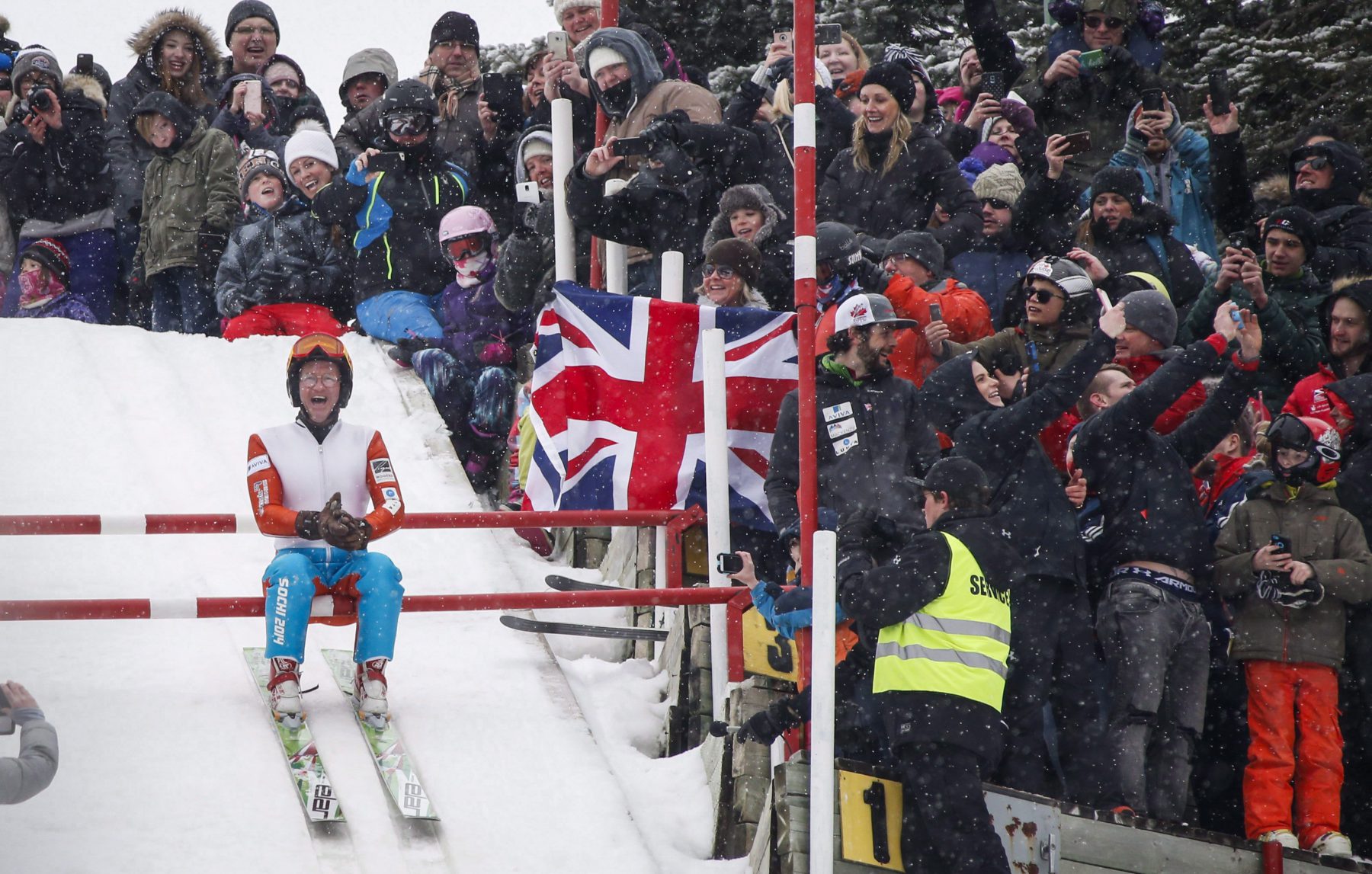 Michael Edwards, best known as "Eddie the Eagle," prepares to start on the 38-metre ski jump tower in Calgary, Alta., Sunday, March 5, 2017, 29 years after competing in the 1988 Calgary Olympics.THE CANADIAN PRESS/Jeff McIntosh