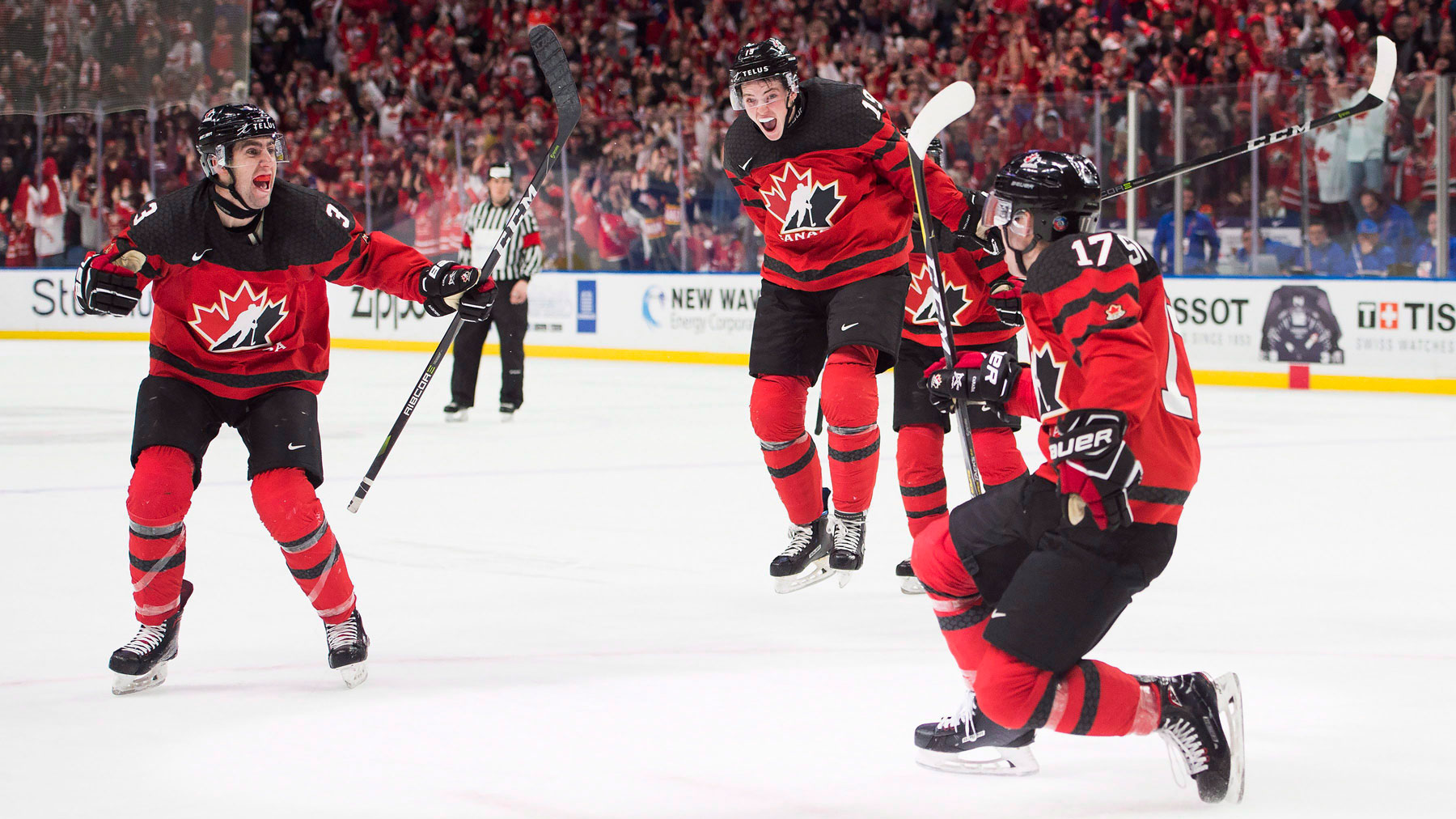 Canada forward Tyler Steenbergen (17) celebrates his game winning goal against Sweden during third period gold medal final IIHF World Junior Championships hockey action in Buffalo, N.Y., on Friday, January 5, 2018. THE CANADIAN PRESS/Nathan Denette