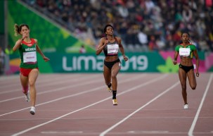 Kyra Constantine of Canada, middle, competes in the women's 400m final at the Lima 2019 Pan American Games on August 08, 2019.