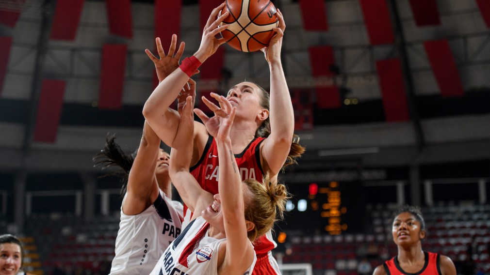 Ruth Hamblin of Canada shoots the ball against Paraguay during women's basketball at the Lima 2019 Pan American Games on August 07, 2019.
