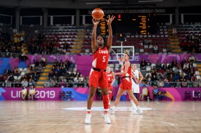 Shaina Pellington shoots a free throw against Paraguay at the 2019 Pan Am Games