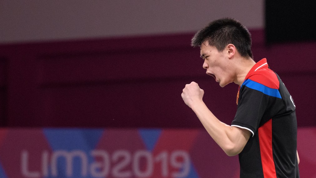 Brian Yang celebrates during a game at Lima 2019.