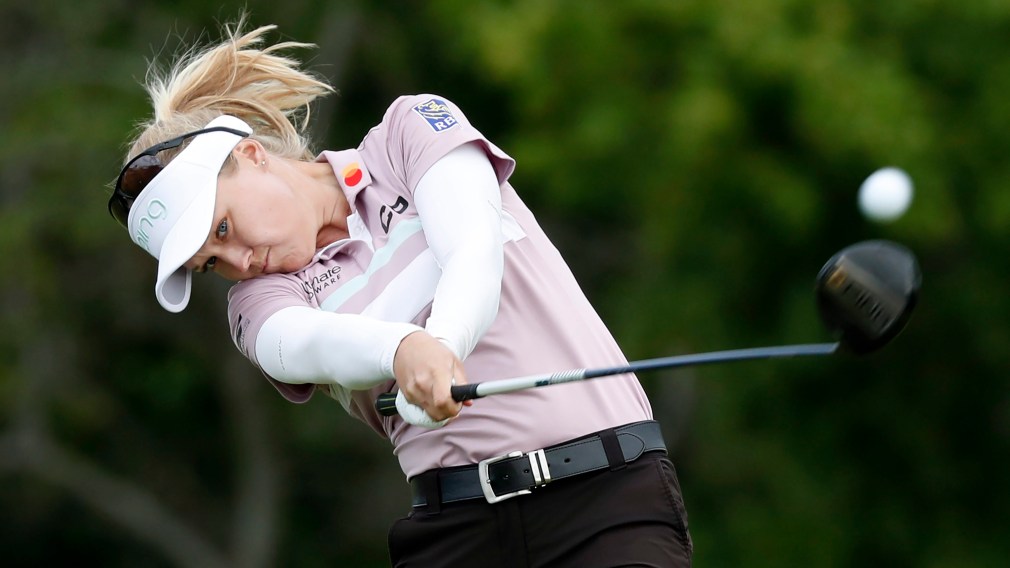 Brooke Henderson, of Canada, hits off the 10th tee