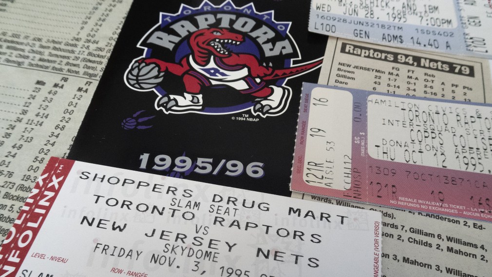 A Toronto Raptors ticket from their first-ever NBA game
