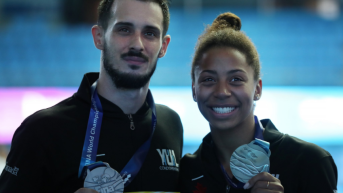 Jennifer Abel and Francois Imbeau-Dulac at the 2019 FINA World Championships.