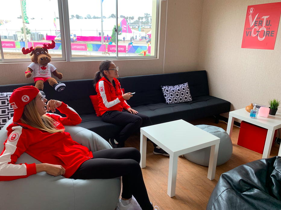 Athletes hanging out in the lounge