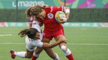 reanne Nicholas of Canada battles during a gold medal rugby game against the United States at the Lima 2019 Pan American Games