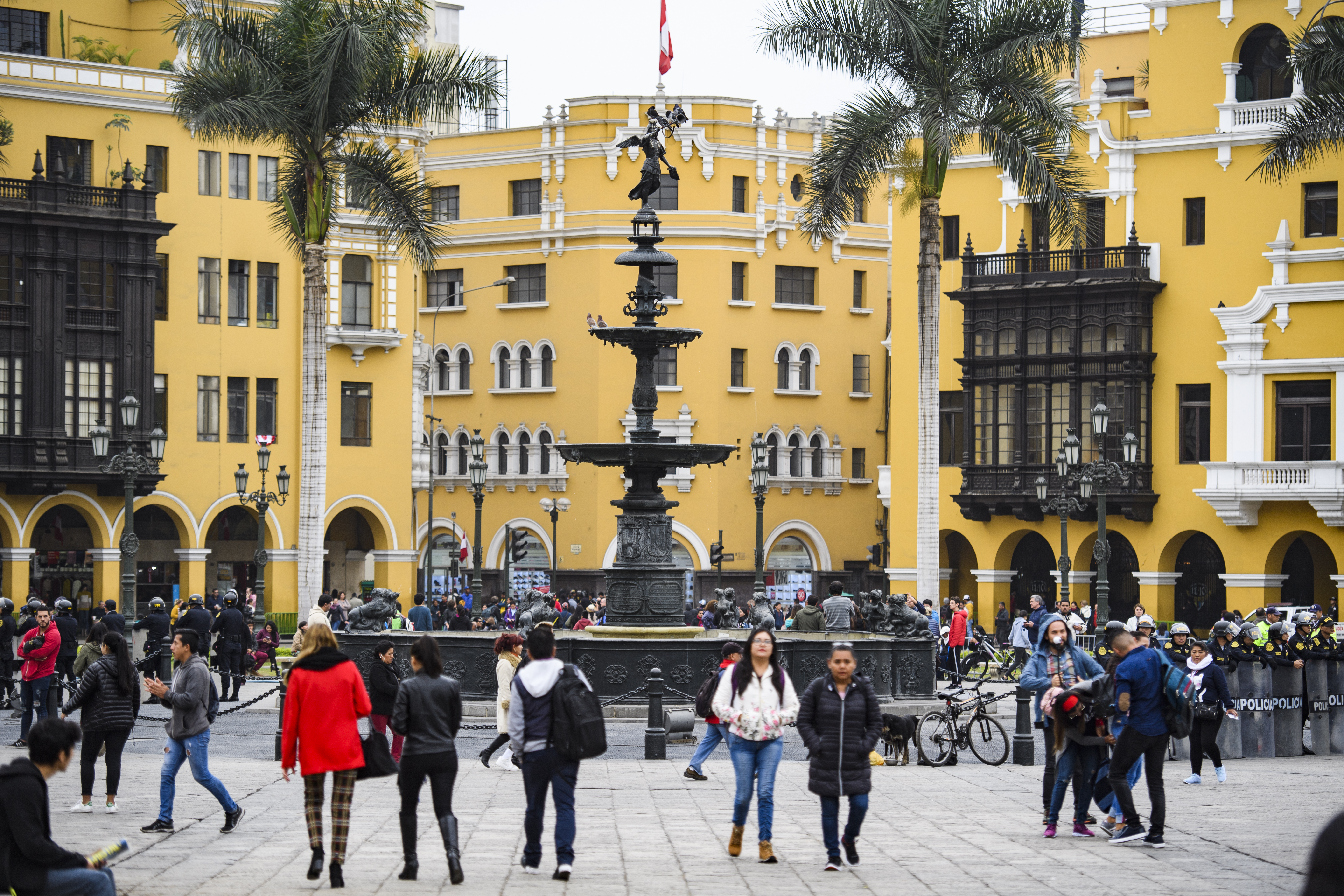 Yellow buildings with palm trees