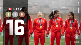 Lima day 2 graphic, women's rugby team holding hands