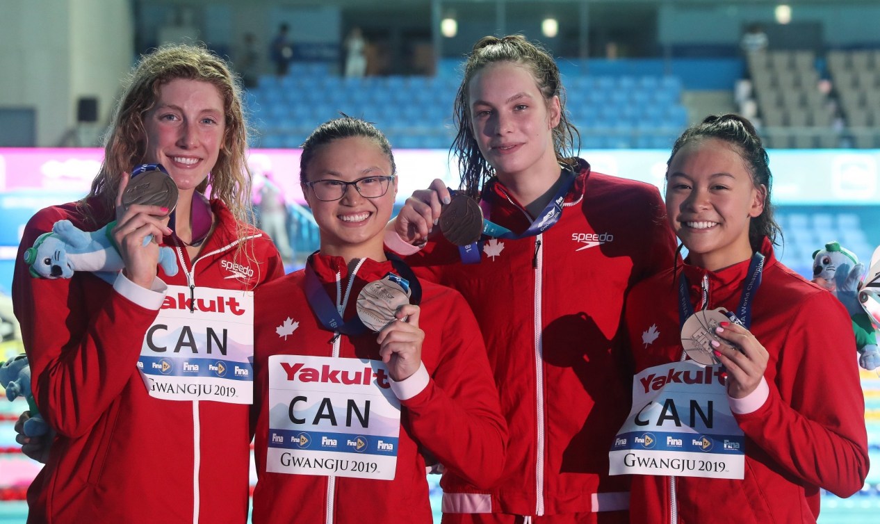 Team Canada qualified for Tokyo 2020 in the women's 4x100m freestyle relay event after winning bronze on day one of the FINA World Championships in Gwangju, South Korea.  Posting a time of 3:31.78, today's (July 21, 2019) bronze medal team included Kayla Sanchez, Taylor Ruck, Penny Oleksiak and Margaret MacNeil.