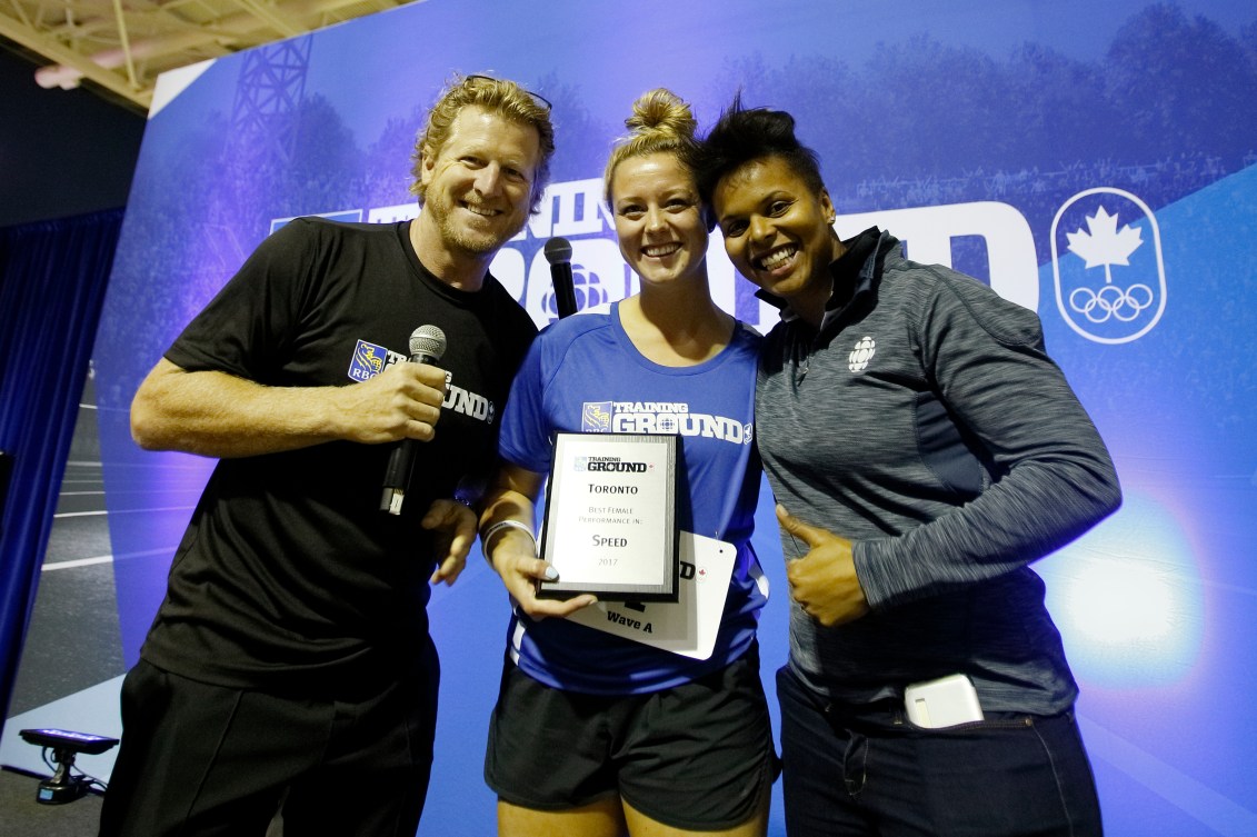 Kelsey Mitchell poses with Curt Harnett and Karina LeBlanc