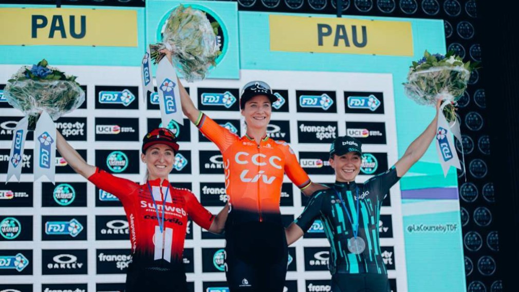 Canada's Leah Kirchmann on the podium in second at La Course by Le Tour de France 2019.