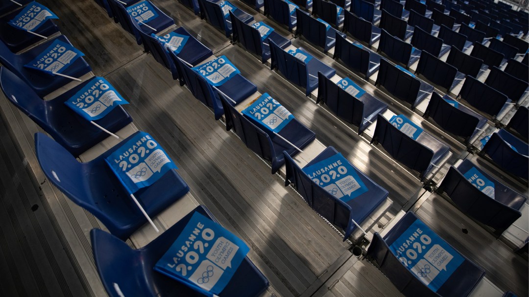 Stadium seats with Lausanne 2020 flags