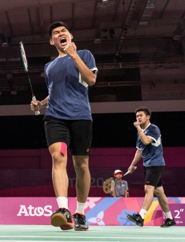 badminton player celebrates
